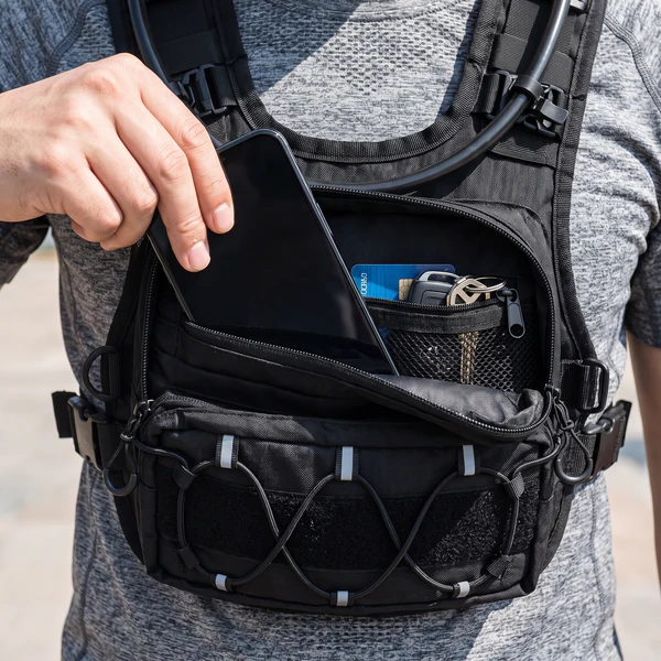 Phone, cards, keys — reachable while moving