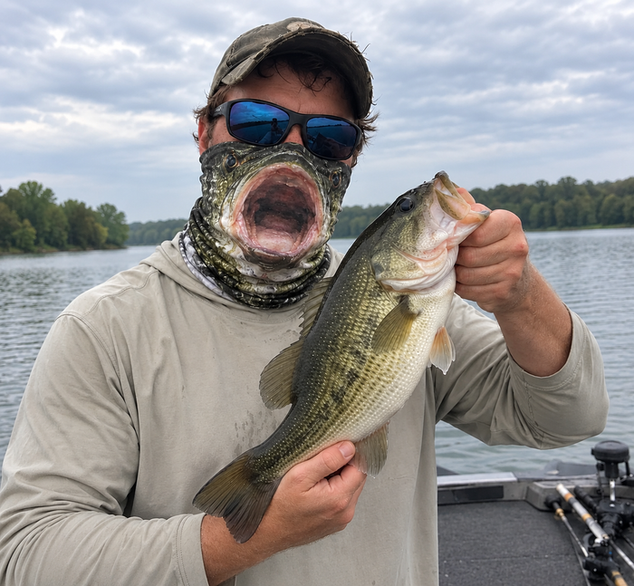 Angler wearing a Hydrave bass face gaiter while holding a bass