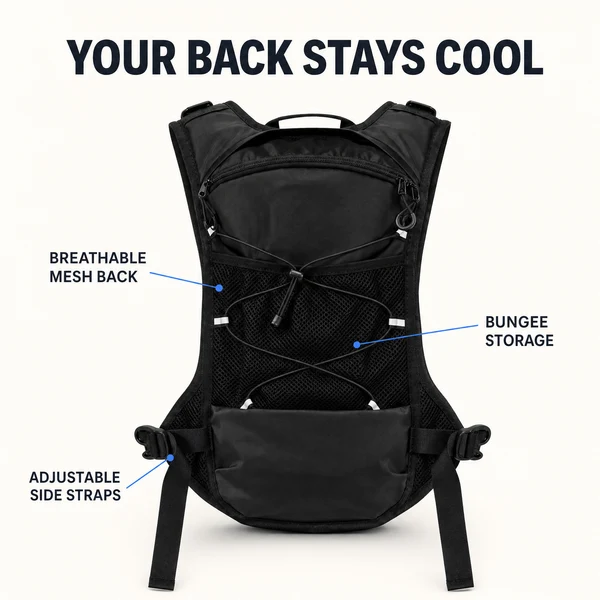 Your back stays cool — mesh panel + bungee storage