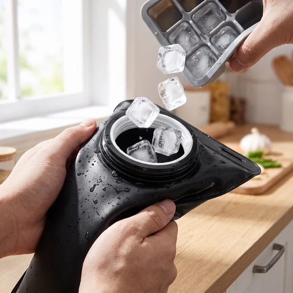 Ice cubes into the wide-mouth opening